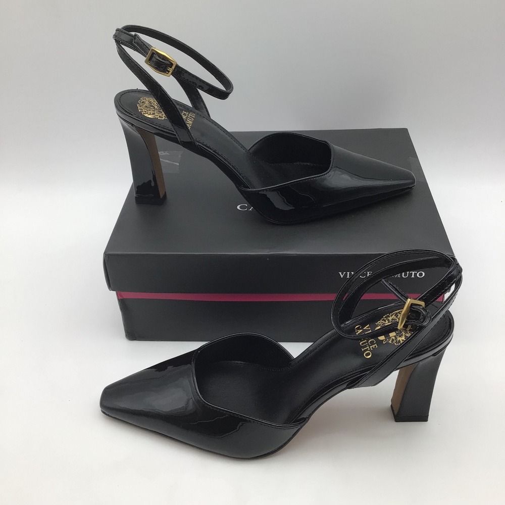 Vince Camuto Galees Black Leather Pointed Toe Block Heel Pumps Size Size 10M NEW
